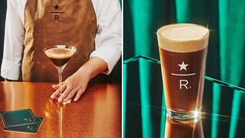 Imagen de una persona que están sosteniendo una copa de martini y un vaso de café en un fondo verde.