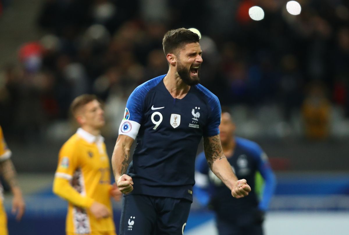 Oliver Giroud, forward of the French National Team, celebrating a goal.