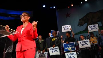 Los Angeles mayoral candidate and US Rep. Karen Bass (D-CA) speaks during an election night party with the Los Angeles County Democratic Party at the Hollywood Palladium in Los Angeles, November 8, 2022. (Photo by Patrick T. FALLON / AFP) (Photo by PATRICK T. FALLON/AFP via Getty Images)