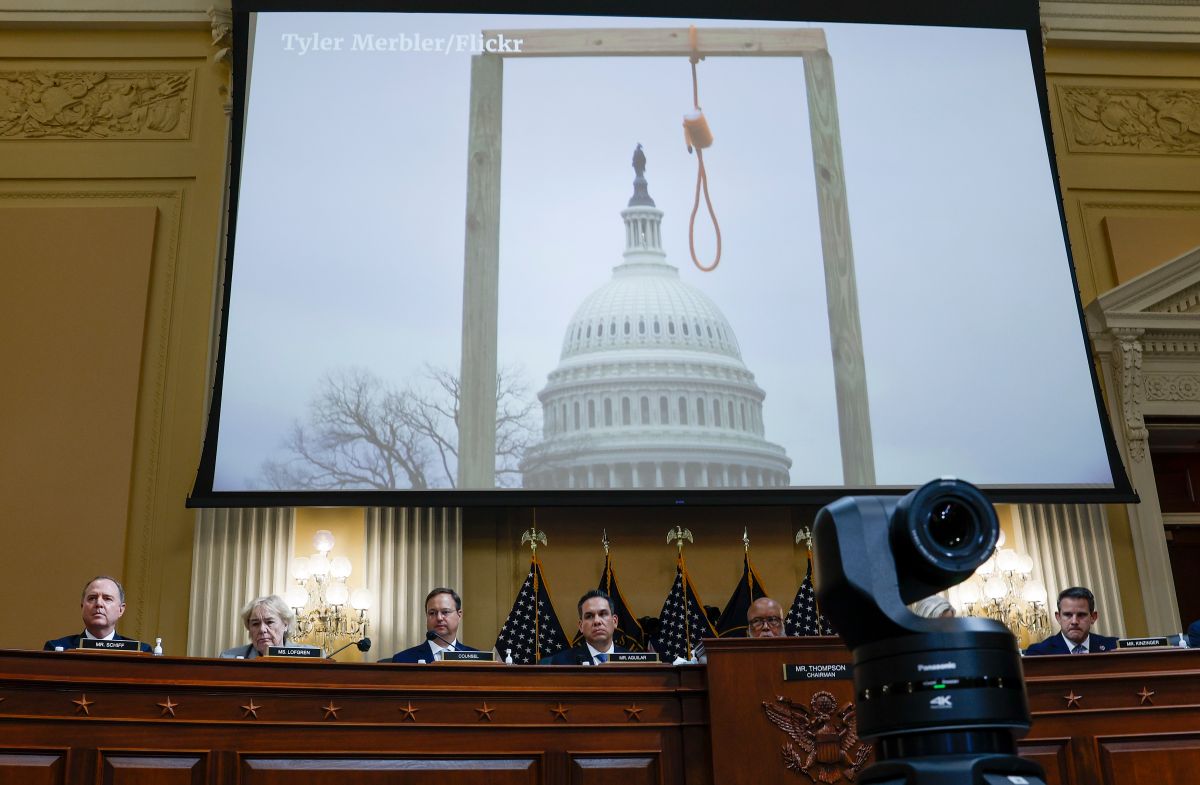 A gallows noose was placed before the Capitol during the assault on January 6, 2021.
