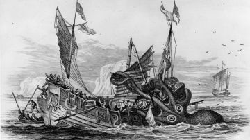 Alrededor de 1650, un kraken atacando un barco.