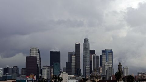 LOS ANGELES, CA - JANUARY 22: Storm clouds gather over downtown Los Angeles on January 22, 2010 in Los Angeles, California. National Weater Service forecasters said showers would be heavy at times today, and scattered thunderstorms were expected in mountain areas. (Photo by Kevork Djansezian/Getty Images)