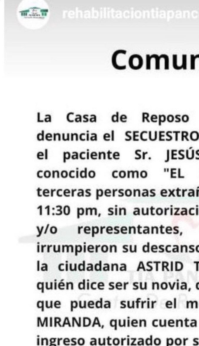 El comunicado de la clínica Tía Panchita acusando a las autoridades del secuestro de Chyno Miranda.