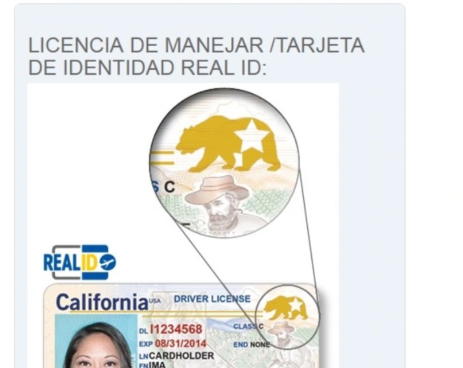 La imagen muestra la diferencia entre la REAL ID y el ID o la Licencia de conducir de California.