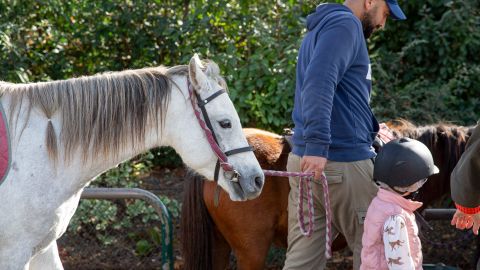 A child walks after taking part in a pony ride at Parc Monceau in Paris on October 12, 2022. - On Wednesdays and weekends children can take part in rides between 14h and 18h in the park organised by an association dedicated to caring for the animals. (Photo by AFP) (Photo by -/AFP via Getty Images)