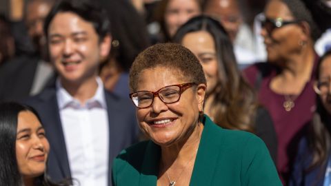 LOS ANGELES, CA - NOVEMBER 17: Los Angeles Mayor-elect Karen Bass addresses a news conference after her L.A. mayoral election win on November 17, 2022 in Los Angeles, California. Congressmember Karen Bass ran a close race against billionaire businessman Rick Caruso. (Photo by David McNew/Getty Images)