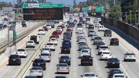 Traffic flows east on the Interstate 10 freeway down FasTrak express lanes (L) and regular lanes in Los Angeles on September 18, 2019. - President Donald Trump announced on September 18 that his administration is revoking California's authority to set its own stricter emissions standards, days before a major UN summit on averting climate change disaster. (Photo by Frederic J. BROWN / AFP) (Photo credit should read FREDERIC J. BROWN/AFP via Getty Images)
