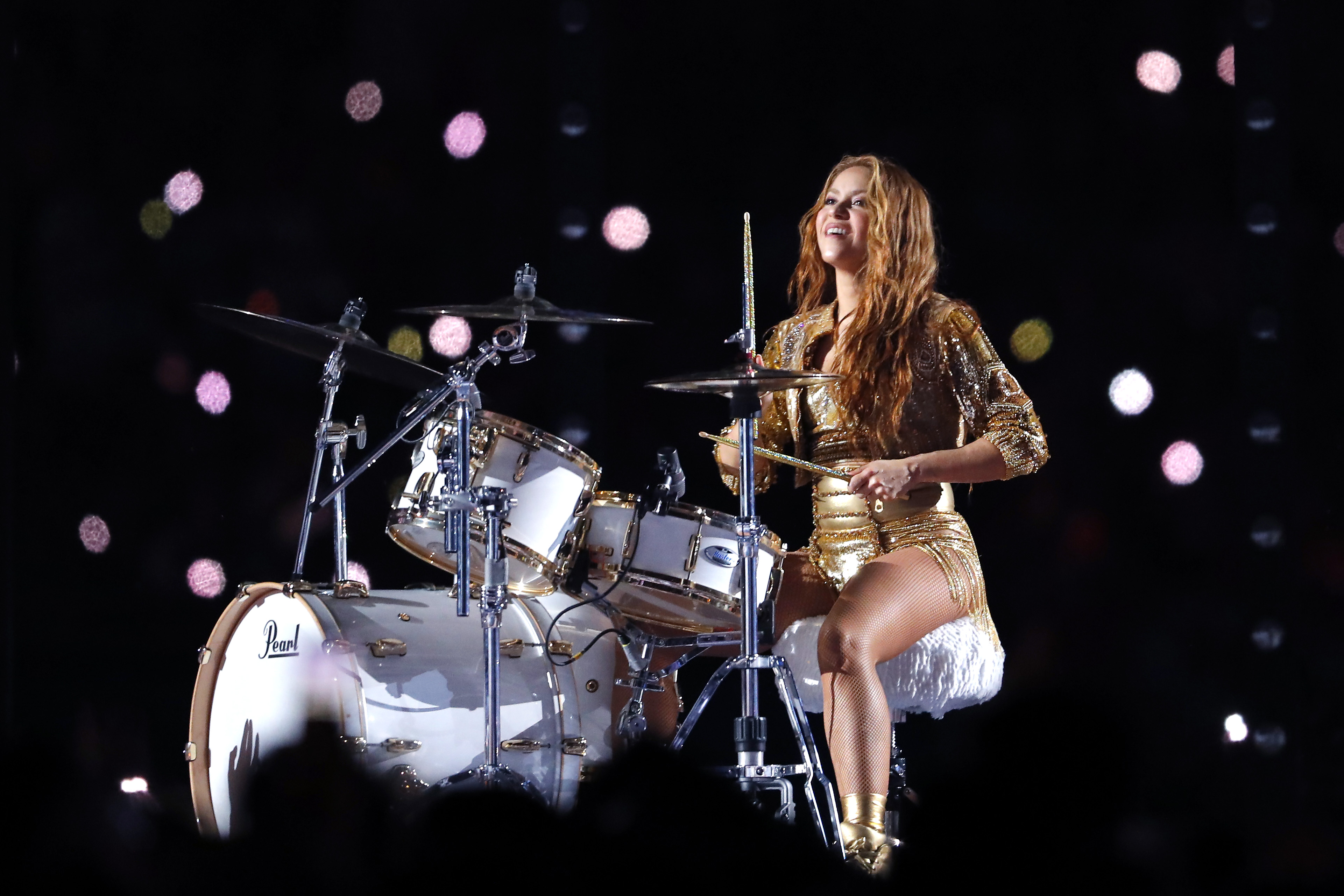MIAMI, FLORIDA - FEBRUARY 02: Colombian singer Shakira plays the drums during the Pepsi Super Bowl LIV Halftime Show at Hard Rock Stadium on February 02, 2020 in Miami, Florida. (Photo by Kevin C. Cox/Getty Images)