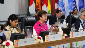 La directora gerente del Fondo Monetario Internacional, Kristalina Georgieva, habla en la cumbre de ministros de Finanzas del G20.