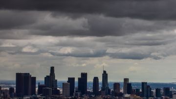 Heavy clouds are seen over downtown Los Angeles skyline from Griffth park on April 5, 2020 in Los Angeles, California. (Photo by Apu GOMES / AFP) (Photo by APU GOMES/AFP via Getty Images)