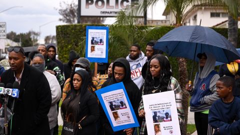 Family and friends of Anthony Lowe hold a news conference to demand an investigation into his death outside of the Huntington Park Police Department in Huntington Park, California, on January 30, 2023. - Lowe was reportedly in a wheelchair with both legs amputated at the knees and undergoing a mental health crisis when he was shot to death by Huntington Park police on January 26, 2023. (Photo by Patrick T. FALLON / AFP) (Photo by PATRICK T. FALLON/AFP via Getty Images)