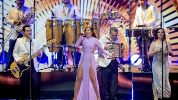MIAMI, FLORIDA - FEBRUARY 18: Gloria Trevi performs with Los Ángeles Azules onstage during Univision's 33rd Edition of Premio Lo Nuestro a la Música Latina at AmericanAirlines Arena on February 18, 2021 in Miami, Florida. (Photo by Rodrigo Varela/Getty Images for Univision)