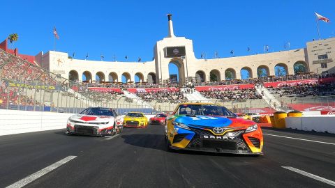 LOS ANGELES, CALIFORNIA - FEBRUARY 06: Kyle Busch, driver of the #18 M&M's Toyota, paces the field prior to the start of the NASCAR Cup Series Busch Light Clash at the Los Angeles Memorial Coliseum on February 06, 2022 in Los Angeles, California. (Photo by Chris Graythen/Getty Images)