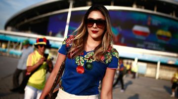 former wife of Colombian football player James Rodriguez poses as she arrives before the Russia 2018 World Cup Group H football match between Poland and Colombia at the Kazan Arena in Kazan on June 24, 2018. (Photo by Benjamin CREMEL / AFP) / RESTRICTED TO EDITORIAL USE - NO MOBILE PUSH ALERTS/DOWNLOADS (Photo credit should read BENJAMIN CREMEL/AFP via Getty Images)