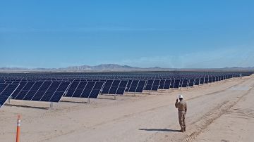 Fotografía general donde un técnico observa una planta de energía solar hoy, en el municipio de Puerto Peñasco, en Sonora.