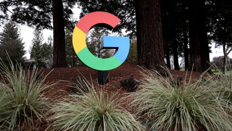 Imagen de una letra "G" de colores rojo, amarillo, verde y azul, en medio de un jardín.