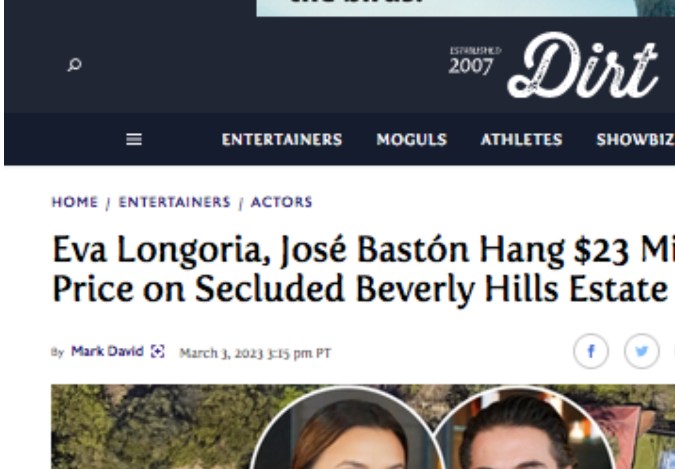 Eva Longoria y Pepe Bastón buscan nuevo dueño para su casa (Dirt)