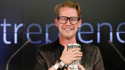 SAN FRANCISCO, CA - AUGUST 06: Macaulay Culkin, co-founder of lifestyle media Bunny Ears, is the honorary bell ringers of the Nasdaq Closing Bell from the Nasdaq Entrepreneurial Center on August 6, 2019 in San Francisco, California. They were joined by the graduating class of the Lehigh Startup Academy and Jeff Thomas of Nasdaq (Back L) (Photo by Kimberly White/Getty Images for Nasdaq Entrepreneurial Center)