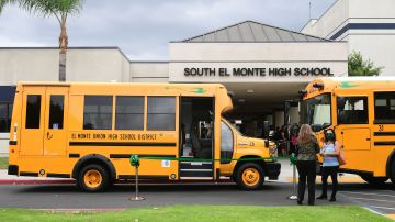 All-new EV schoolbuses are seen at South El Monte High School ahead of a ceremony introducing a fleet of 11 all-electric buses on August 18, 2021 in El Monte, California. - A ceremony was held to introduce the fleet of 11 buses which are part of the California Air Resources Board's (CARB) $9.8 million Clean Mobility in Schools grant to the school district to help achieve California's ecological conservation goals and promote clean transportation among students, educators and their families. (Photo by Frederic J. BROWN / AFP) (Photo by FREDERIC J. BROWN/AFP via Getty Images)