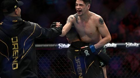 Mexican Brandon Moreno celebrates after defeating Brazilian Deiveson Figueiredo during their flyweight title bout at the Ultimate Fighting Championship (UFC) event at the Jeunesse Arena in Rio de Janeiro, Brazil, on January 21, 2023. (Photo by MAURO PIMENTEL / AFP) (Photo by MAURO PIMENTEL/AFP via Getty Images)