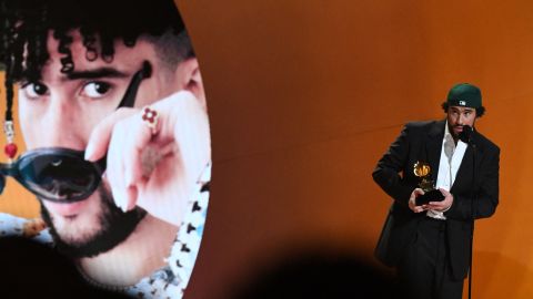 Puerto Rican singer Bad Bunny accepts the Award for Best Música Urbana Album during the 65th Annual Grammy Awards at the Crypto.com Arena in Los Angeles on February 5, 2023. (Photo by VALERIE MACON / AFP) (Photo by VALERIE MACON/AFP via Getty Images)