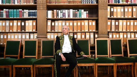 TOPSHOT - Peruvian writer and Nobel literature prize winner Mario Vargas Llosa poses for a photograph ahead of his induction into the Academie Francaise (French Academy), in Paris, February 9, 2023. - Peruvian Nobel-winning author Mario Vargas Llosa was set to join the fabled Academie Francaise in Paris on February 9, the first member never to have written a book in French. The 86-year-old novelist, who also has Spanish citizenship, controversially invited the former king of Spain, Juan Carlos, to his inauguration ceremony. (Photo by Emmanuel DUNAND / AFP) (Photo by EMMANUEL DUNAND/AFP via Getty Images)