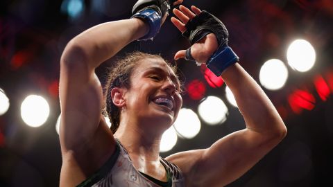 LAS VEGAS, NEVADA - MARCH 04: Alexa Grasso of Mexico reacts to her win over Valentina Shevchenko of Kyrgyzstan in the UFC flyweight championship fight during the UFC 285 event at T-Mobile Arena on March 04, 2023 in Las Vegas, Nevada. (Photo by Chris Graythen/Getty Images)