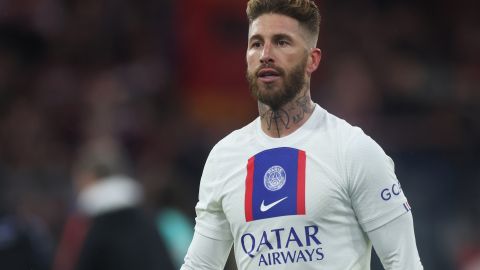 MUNICH, GERMANY - MARCH 08: Sergio Ramos of Paris Saint-Germain reacts during the UEFA Champions League round of 16 leg two match between FC Bayern München and Paris Saint-Germain at Allianz Arena on March 08, 2023 in Munich, Germany. (Photo by Alex Grimm/Getty Images)