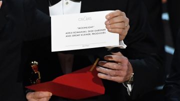 HOLLYWOOD, CA - FEBRUARY 26: Detail shot as 'La La Land' producer Jordan Horowitz holds up the winner card reading actual Best Picture winner 'Moonlight' onstage during the 89th Annual Academy Awards at Hollywood & Highland Center on February 26, 2017 in Hollywood, California. (Photo by Kevin Winter/Getty Images)