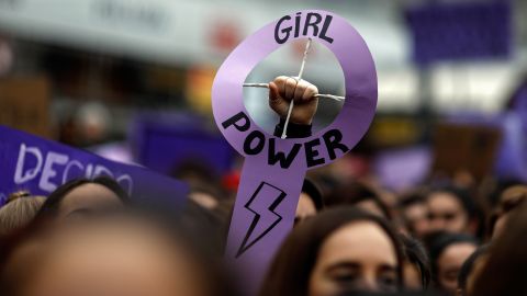 Demonstrators attend a protest at the Puerta del Sol square during a one day strike to defend women's rights on International Women's Day in Madrid, on March 8, 2018. Spain celebrated International Women's Day today with an unprecedented general strike in defence of their rights that saw hundreds of trains cancelled and countless protests scheduled throughout the day. / AFP PHOTO / OSCAR DEL POZO (Photo credit should read OSCAR DEL POZO/AFP via Getty Images)