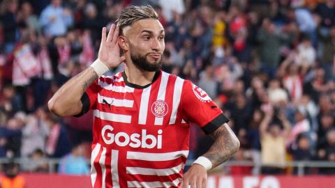 El delantero argentino del Girona FC Taty Castellanos celebra su póker ante el Real Madrid.