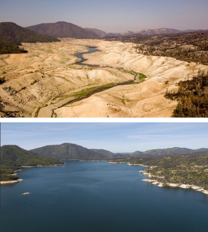 Esta fotografía aérea combinada creada el 17 de abril de 2023 muestra el lago Oroville en Oroville, California, el 5 de septiembre de 2021 (arriba) y el 16 de abril de 2023 (abajo).