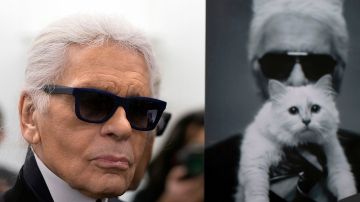 German fashion designer Karl Lagerfeld poses next to a photo of himself and his cat Choupette during a visit to the workshops that work for Chanel in Pantin, outside of Paris, on February 7, 2014. PHOTO / JOEL SAGET (Photo by Joël SAGET / AFP) (Photo credit should read JOEL SAGET/AFP via Getty Images)