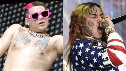 Eduin Caz de Grupo Firme y el rapero Tekashi 6ix9ine en diferentes presentaciones.