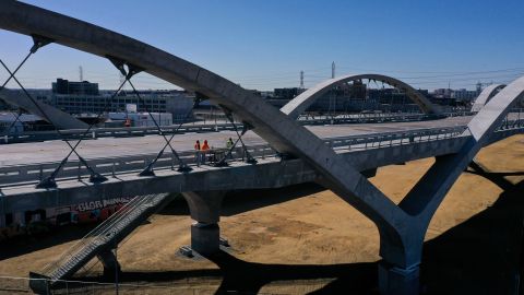 An aerial image taken on February 8, 2023 shows workers maintaining the 6th Street Viaduct in Los Angeles, California. - The $588-million bridge spans across the Los Angeles River to connect the Arts District with the Boyle Heights neighborhood east of downtown and became a popular location for street racing and daredevil social media activity, requiring additional fencing and traffic enforcement. (Photo by Patrick T. Fallon / AFP) (Photo by PATRICK T. FALLON/AFP via Getty Images)