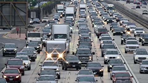 Vehicles head east on a Los Angeles freeway during the evening rush hour commute on April 12, 2023 in Los Angeles, California. - US President Joe Biden's administration unveiled new proposed auto emissions rules, aiming to accelerate the electric vehicle transition with a target of two-thirds of the new US car market by 2032. (Photo by Frederic J. BROWN / AFP) (Photo by FREDERIC J. BROWN/AFP via Getty Images)