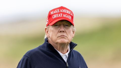 TURNBERRY, SCOTLAND - MAY 02: Former U.S. President Donald Trump during a round of golf at his Turnberry course on May 2, 2023 in Turnberry, Scotland. Former U.S. President Donald Trump is visiting his golf courses in Scotland and Ireland. Back in the United States, he faces legal action on 34 counts of falsifying business records. (Photo by Robert Perry/Getty Images)