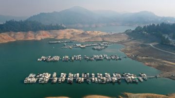 REDDING, CALIFORNIA - JULY 02: In an aerial view, low water levels are visible at Shasta Lake on July 02, 2021 in Redding, California. As the extreme drought emergency continues in California, the water levels at Shasta Lake continue to drop and is currently at 38 percent of capacity. (Photo by Justin Sullivan/Getty Images)