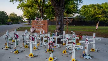 UVALDE, TEXAS - APRIL 27: A memorial dedicated to the 19 children and two adults murdered on May 24, 2022 during the mass shooting at Robb Elementary School is seen on April 27, 2023 in Uvalde, Texas. The town of Uvalde prepares to mark the 1-year anniversary of the 19 children and two adults murdered during last year's mass shooting at Robb Elementary School. (Photo by Brandon Bell/Getty Images)
