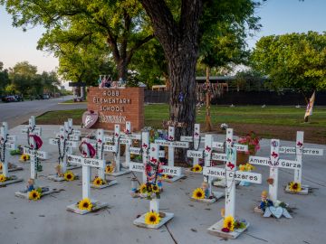 UVALDE, TEXAS - APRIL 27: A memorial dedicated to the 19 children and two adults murdered on May 24, 2022 during the mass shooting at Robb Elementary School is seen on April 27, 2023 in Uvalde, Texas. The town of Uvalde prepares to mark the 1-year anniversary of the 19 children and two adults murdered during last year's mass shooting at Robb Elementary School. (Photo by Brandon Bell/Getty Images)