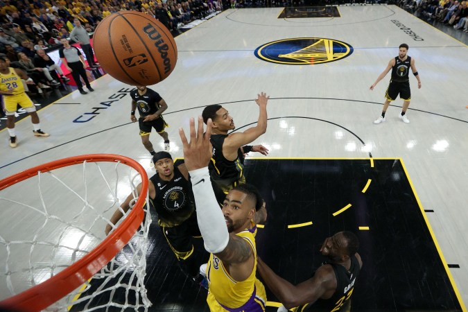 SAN FRANCISCO, CALIFORNIA - MAY 02: D'Angelo Russell #1 of the Los Angeles Lakers goes up for a shot on the Golden State Warriors in game one of the Western Conference Semifinal Playoffs at Chase Center on May 02, 2023 in San Francisco, California. NOTE TO USER: User expressly acknowledges and agrees that, by downloading and or using this photograph, User is consenting to the terms and conditions of the Getty Images License Agreement. (Photo by Ezra Shaw/Getty Images)