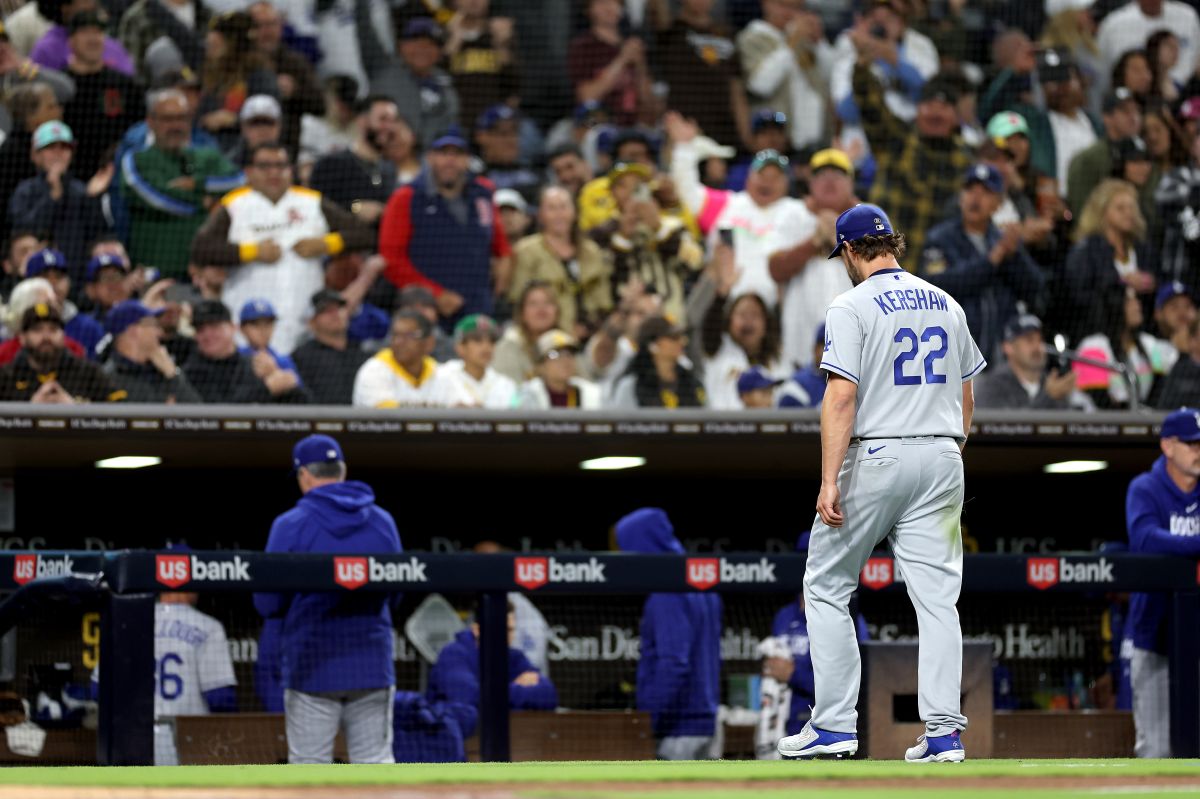 SAN DIEGO, CALIFORNIA - MAY 05: Clayton Kershaw #22 of the Los Angeles Dodgers walks to the dugout after being taken out of the game during the fifth inning of a game against the San Diego Padres at PETCO Park on May 05, 2023 in San Diego, Calif. (Photo by Sean M. Haffey/Getty Images)