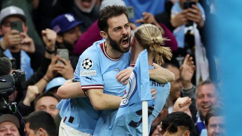 Bernardo Silva celebrando gol con el Manchester City ante Real Madrid.