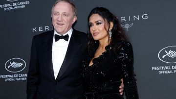 CANNES, FRANCE - MAY 21: François-Henri Pinault and Salma Hayek attend the 2023 "Kering Women in Motion Award" during the 76th annual Cannes film festival on May 21, 2023 in Cannes, France. (Photo by Mike Coppola/Getty Images)