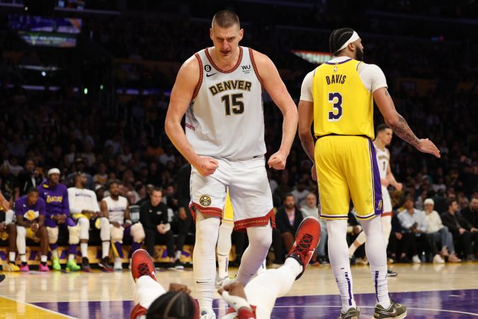 LOS ANGELES, CALIFORNIA - MAY 22: Nikola Jokic #15 of the Denver Nuggets reacts to a foul during the third quarter against the Los Angeles Lakers in game four of the Western Conference Finals at Crypto.com Arena on May 22, 2023 in Los Angeles, California. NOTE TO USER: User expressly acknowledges and agrees that, by downloading and or using this photograph, User is consenting to the terms and conditions of the Getty Images License Agreement. (Photo by Harry How/Getty Images)