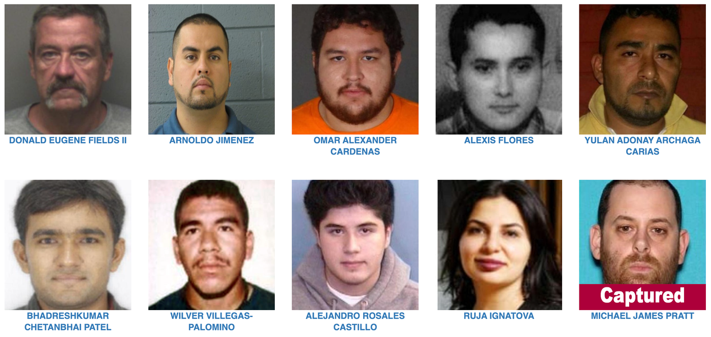 La lista oficial de los diez fugitivos más buscados del FBI.