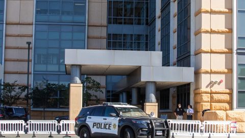 A police car is seen outside the University of California Irvine (UC Irvine) Medical Center in Orange, California, October 15, 2021. - Former US president Bill Clinton was recovering in the California hospital on October 15 after several days of treatment reportedly for sepsis, a spokesman and media said. Clinton, who led the United States from 1993 to 2001, was responding well at the UCI Medical Center in Irvine, south of Los Angeles, according to doctors. (Photo by Apu GOMES / AFP) (Photo by APU GOMES/AFP via Getty Images)