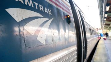 The Amtrak logo is seen on a train at Union Station in Washington, DC, on April 22, 2022. (Photo by Stefani Reynolds / AFP) (Photo by STEFANI REYNOLDS/AFP via Getty Images)