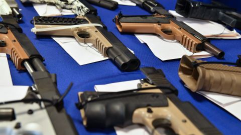 "Ghost guns" seized in federal law enforcement actions are displayed at the Bureau of Alcohol, Tobacco, Firearms, and Explosives (ATF) field office in Glendale, California on April 18, 2022. - President Joe Biden recently announceed new measures cracking down on so-called "ghost guns", with an executive order set to increase restrictions on the weapons that can be assembled at home in minutes and are difficult to trace as they lack serial numbers. "It's as simple as going on to the internet, going to a website or a company that sells the firearms components and ordering them and they will be shipped overnight to your front door," says Michael Hoffman, Assistant Special Agent in Charge at the Los Angeles ATF Field Division. (Photo by Robyn Beck / AFP) (Photo by ROBYN BECK/AFP via Getty Images)