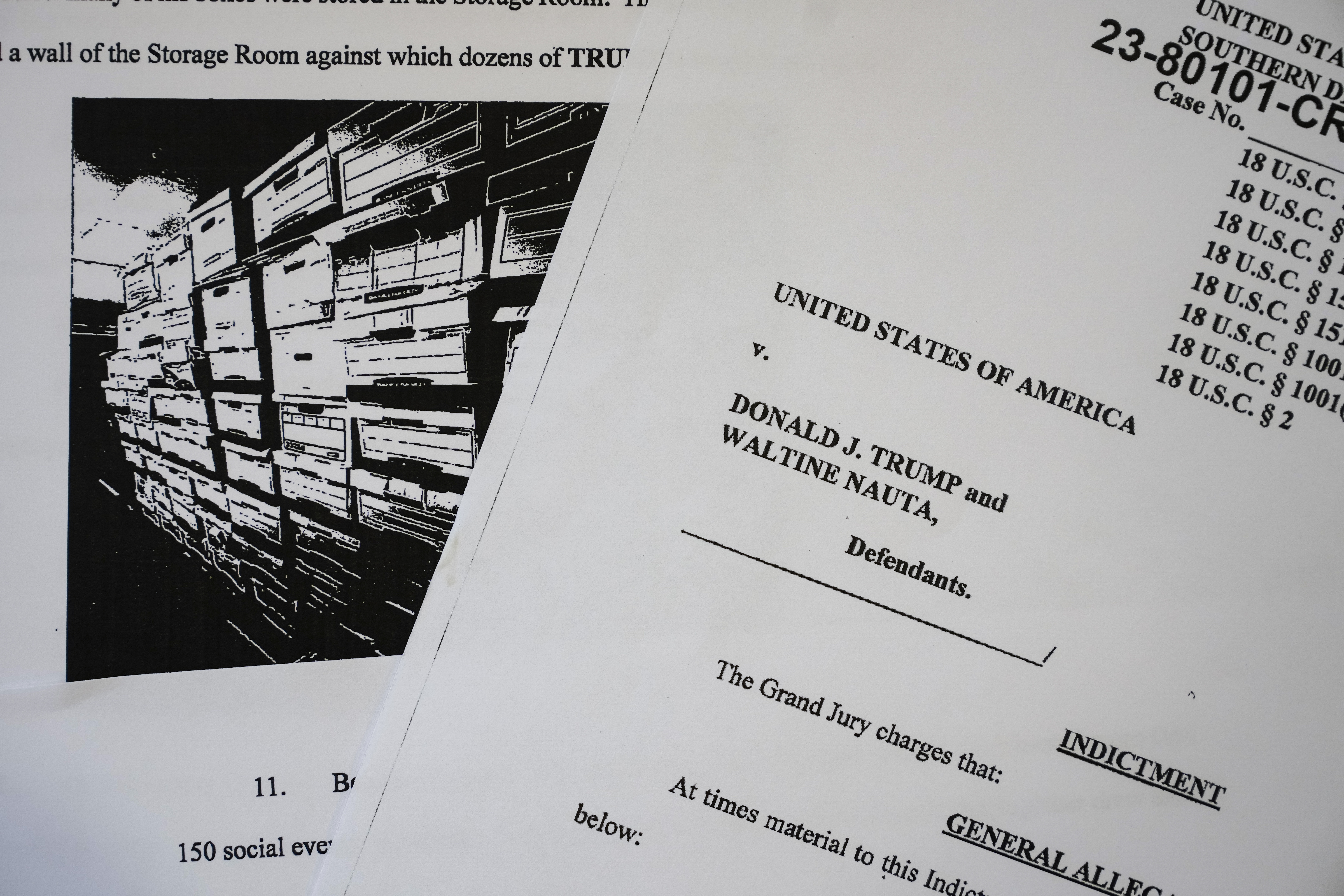 Photo shows pages of the federal indictment against former President Donald Trump, June 9, 2023 in Washington, DC.